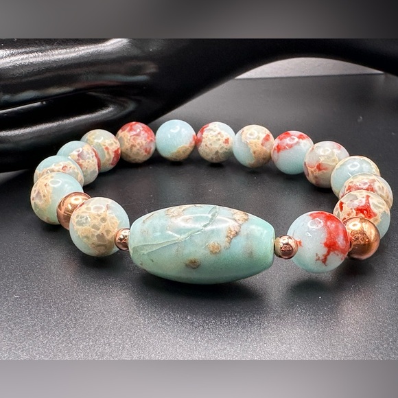 SNAKESKIN ( ICY SKY ) JASPER  NATURAL  BRACELET size 7” - Picture 1 of 9